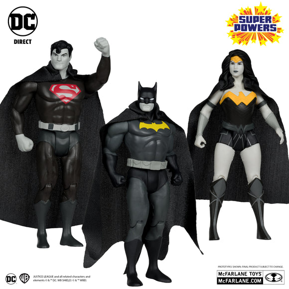 Batman, Superman & Wonder Woman Super Powers Black & White Accent Edition Gold Label 3pk (SDCC Exclusive) - McFarlane Toys